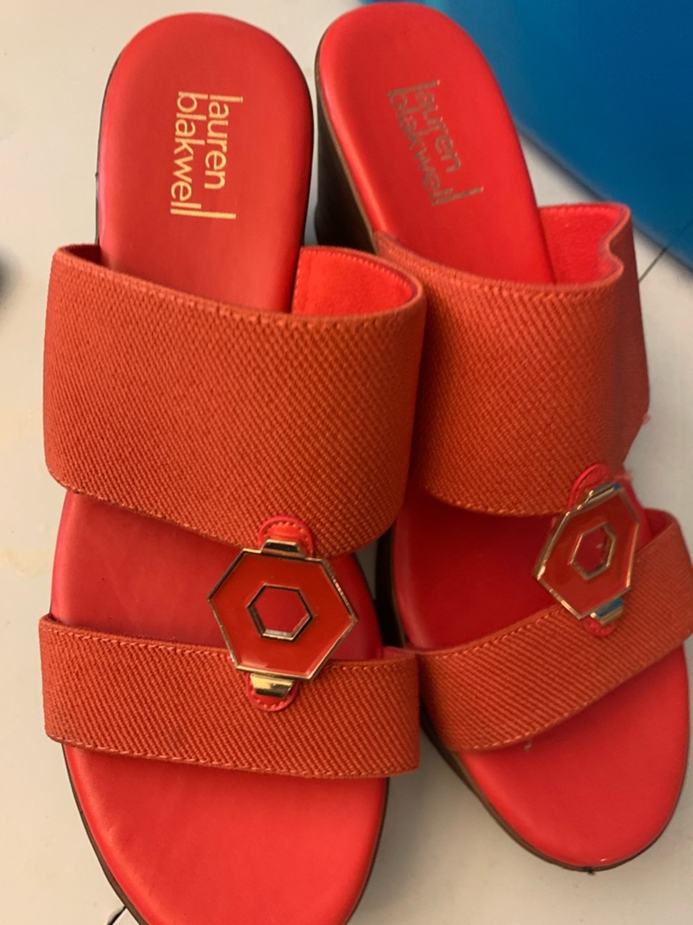 Lauren Blakwell Women's Red Slide Sandals with Gold Hex Accent